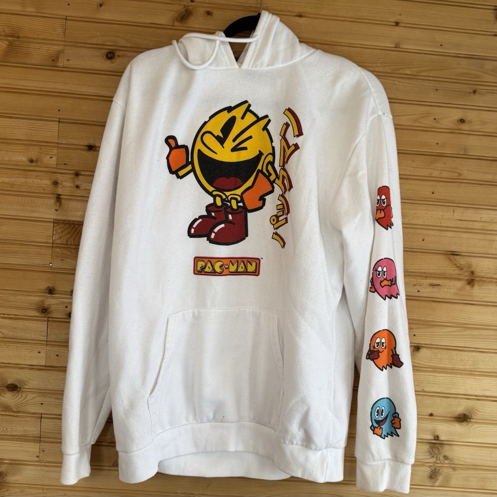 PAC-MAN and Ghosts Japanese Spellout Graphic Hoodie White Adult Large Video Game